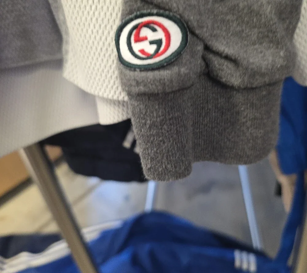 Gucci Men's Gray Zip-Up Sweater with Green and Red Chest Stripe